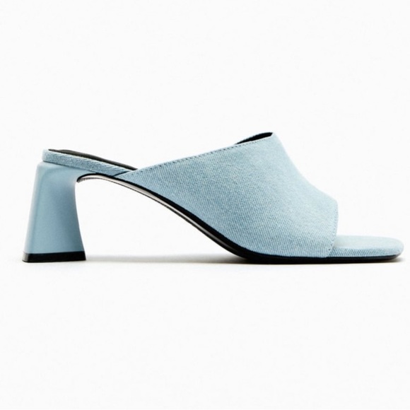 Light denim heeled sandal mules slides - Picture 1 of 7